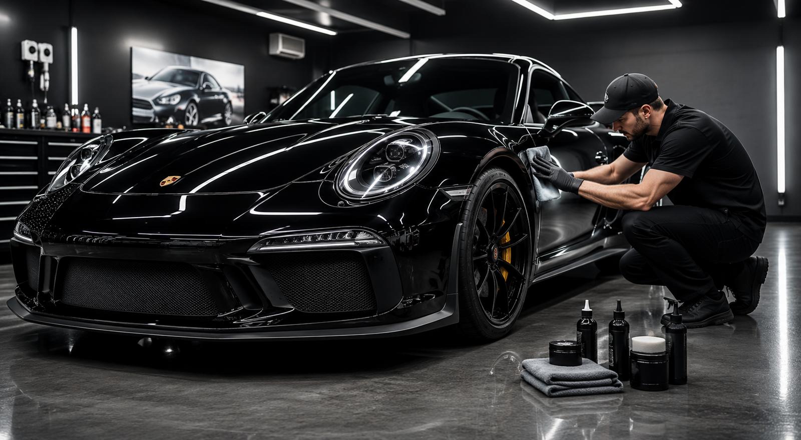 Porsche negro pulido a mano en un estudio de detallado
